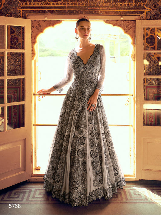 Grey Shimar Jacquard Silk Readymade Anarkali Suit with Heavy Embroidery Work