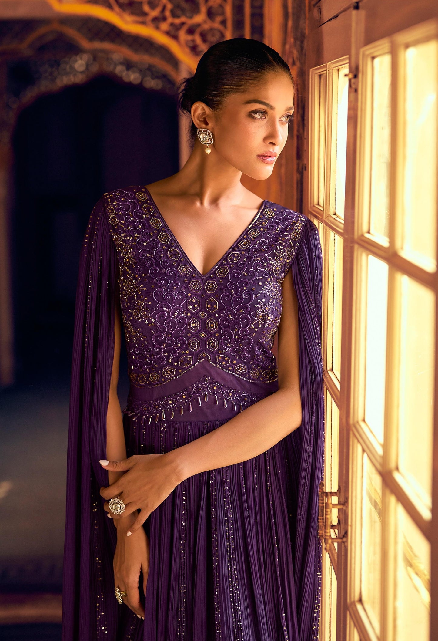 Purple Shimar Jacquard Silk Readymade Anarkali Suit with Heavy Embroidery Work