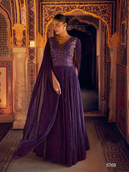 Purple Shimar Jacquard Silk Readymade Anarkali Suit with Heavy Embroidery Work