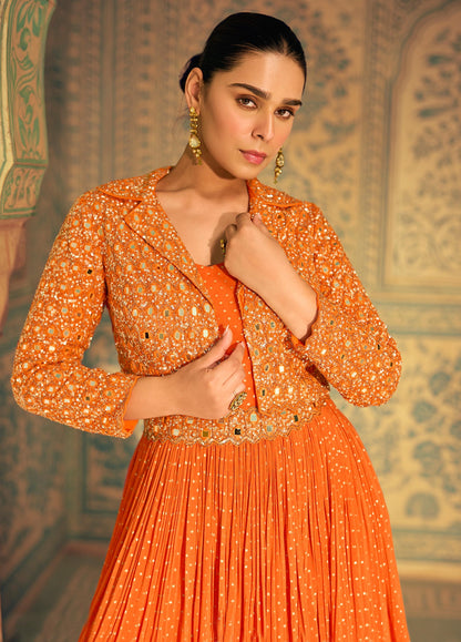 Orange Shimar Jacquard Silk Readymade Anarkali Suit with Heavy Embroidery Work