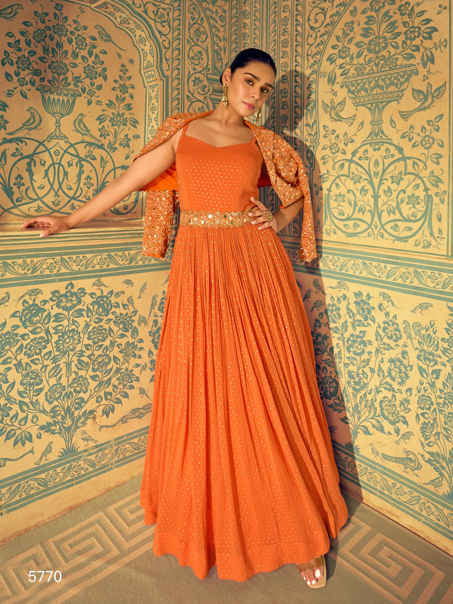 Orange Shimar Jacquard Silk Readymade Anarkali Suit with Heavy Embroidery Work