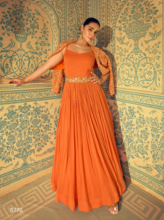 Orange Shimar Jacquard Silk Readymade Anarkali Suit with Heavy Embroidery Work