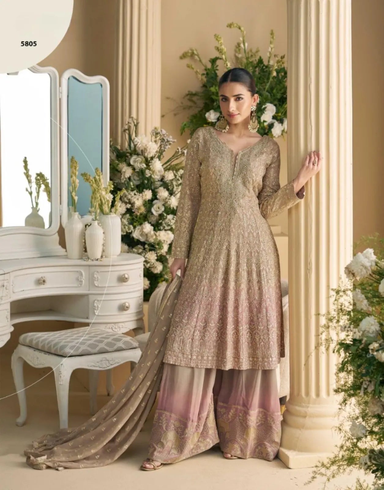 Beige Heavy Georgette Free Size Stitched Suit with Sequence & Diamond work