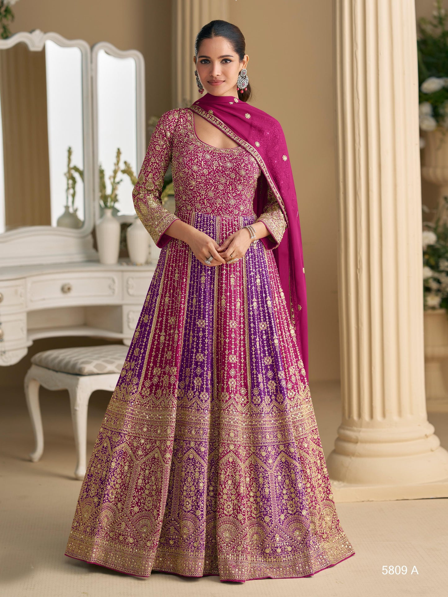Rani Pink Georgette Readymade Anarkali Suit with Embroidery Zarkan Work (Free Size)