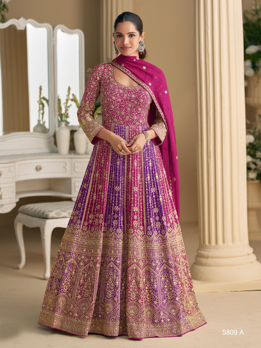 Rani Pink Georgette Readymade Anarkali Suit with Embroidery Zarkan Work (Free Size)