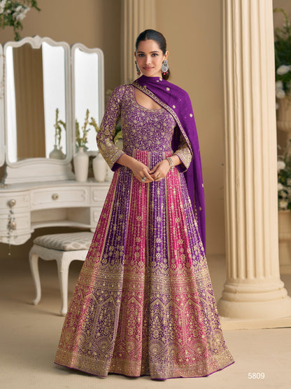 Purple Georgette Readymade Anarkali Suit with Embroidery Zarkan Work (Free Size)