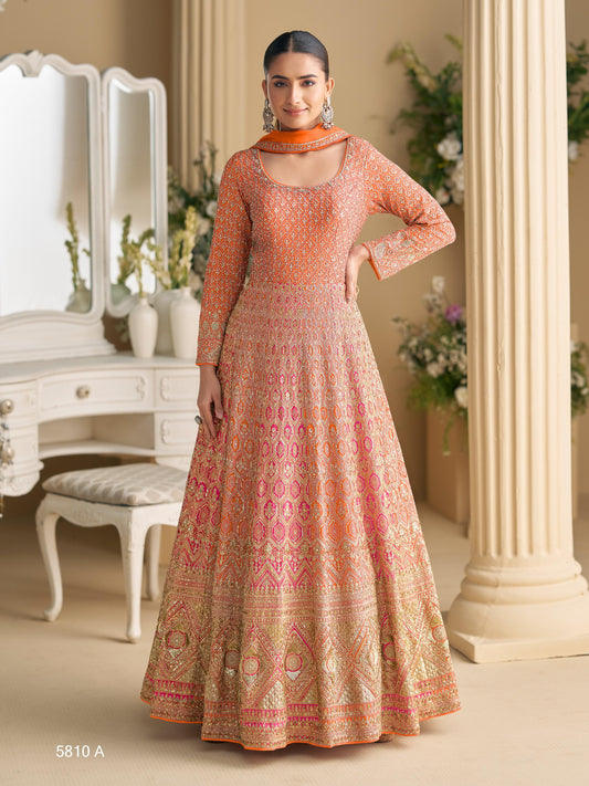 Orange Georgette Readymade Anarkali Suit with Embroidery Zarkan Work (Free Size)