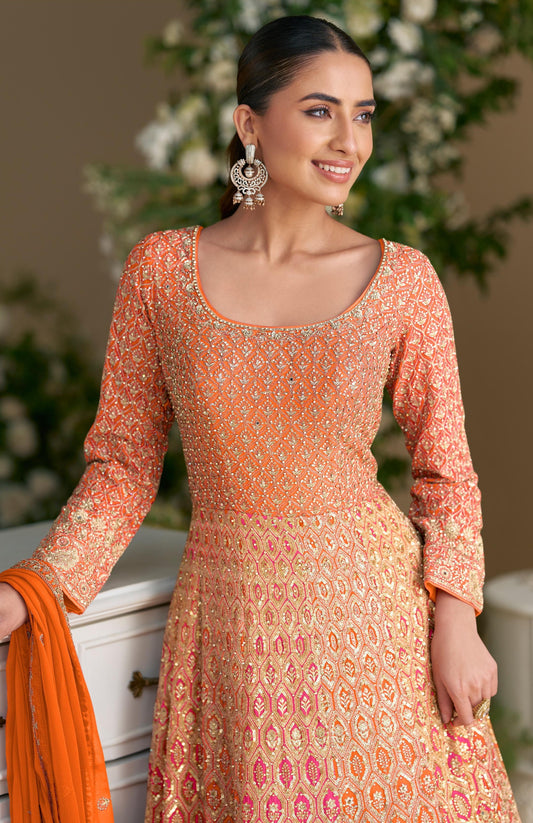 Orange Georgette Readymade Anarkali Suit with Embroidery Zarkan Work (Free Size)