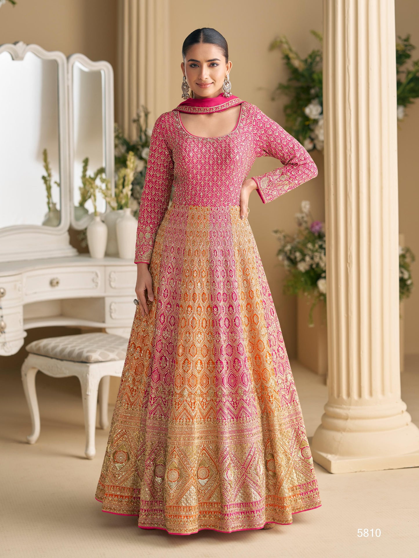 Peach Georgette Readymade Anarkali Suit with Embroidery Zarkan Work (Free Size)