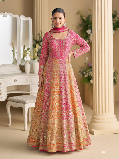 Peach Georgette Readymade Anarkali Suit with Embroidery Zarkan Work (Free Size)
