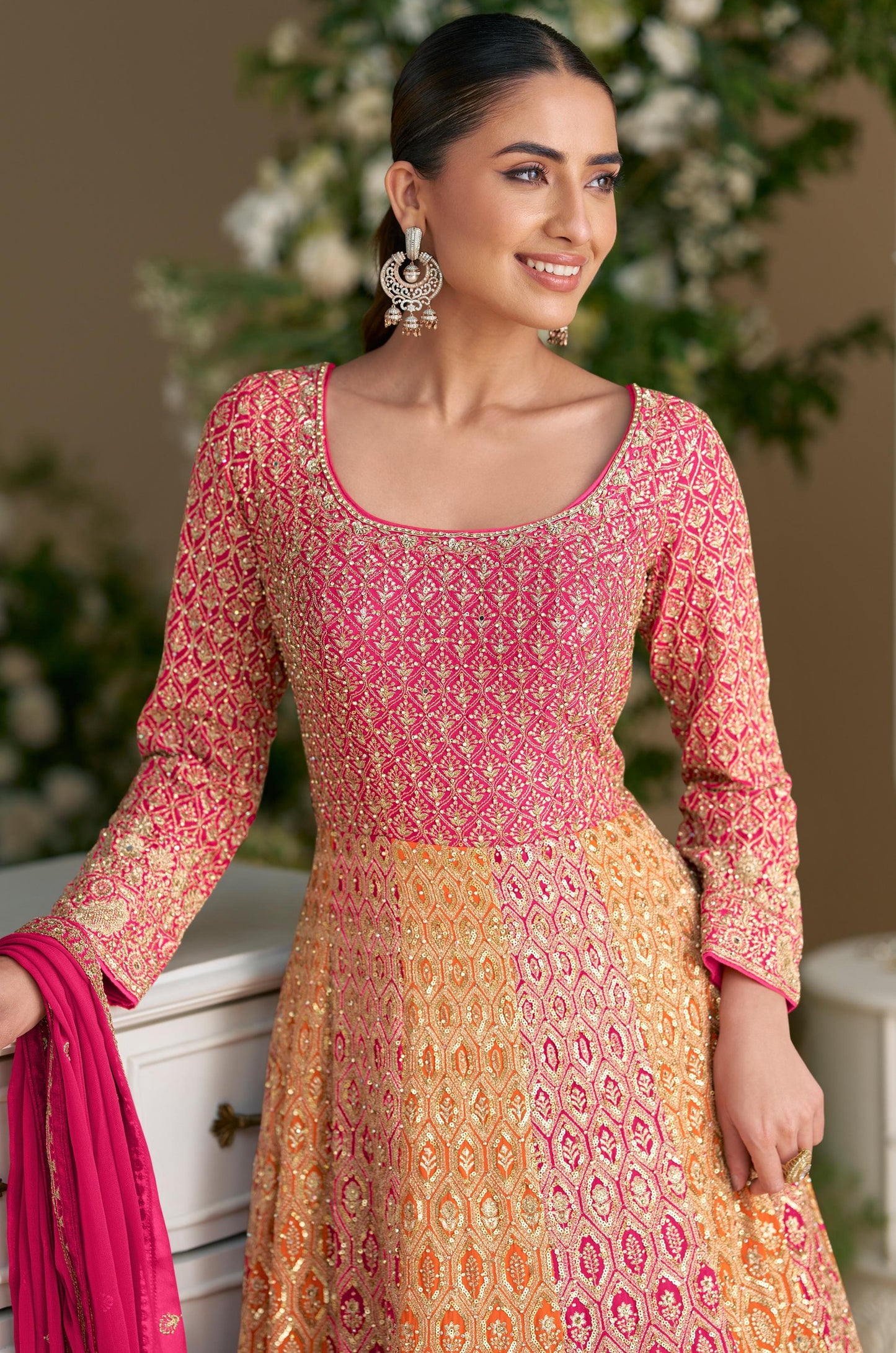 Peach Georgette Readymade Anarkali Suit with Embroidery Zarkan Work (Free Size)