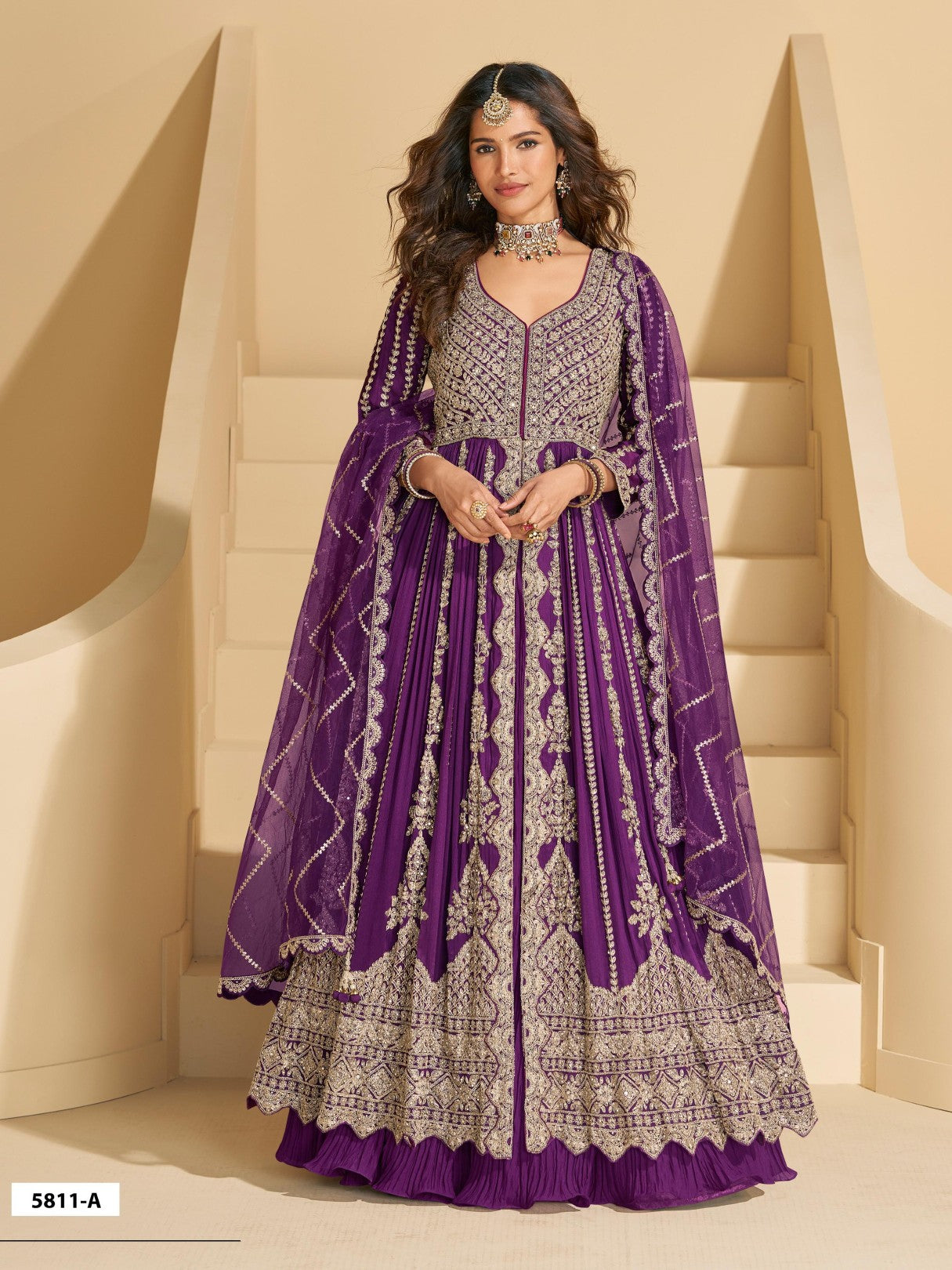 Purple Chinon Readymade Anarkali Lehenga with Heavy Embroidery Work