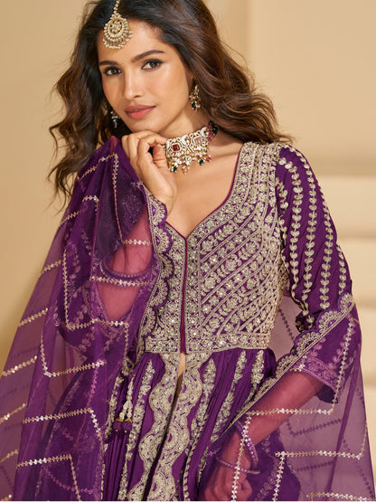 Purple Chinon Readymade Anarkali Lehenga with Heavy Embroidery Work