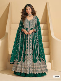 D Green Chinon Readymade Anarkali Lehenga with Heavy Embroidery Work