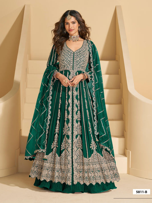 D Green Chinon Readymade Anarkali Lehenga with Heavy Embroidery Work