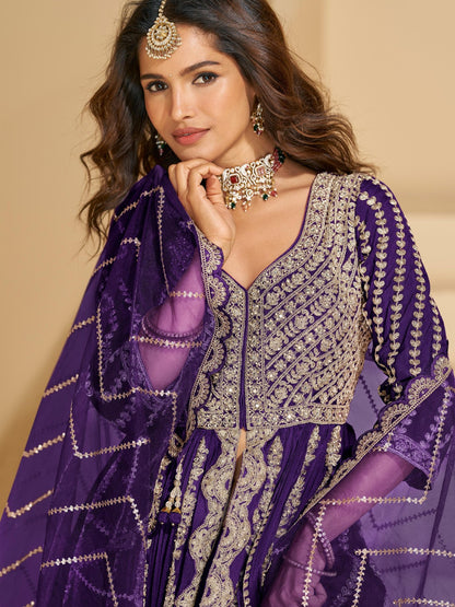 Violet Chinon Readymade Anarkali Lehenga with Heavy Embroidery Work