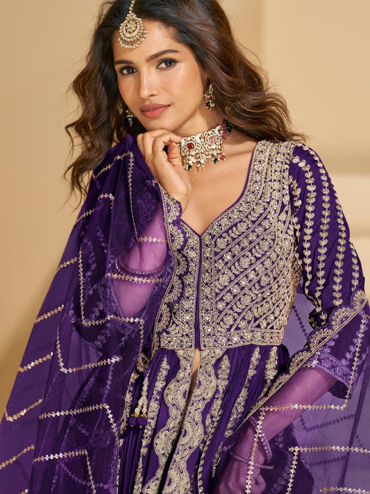 Violet Chinon Readymade Anarkali Lehenga with Heavy Embroidery Work