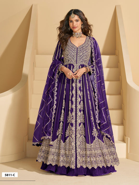 Violet Chinon Readymade Anarkali Lehenga with Heavy Embroidery Work