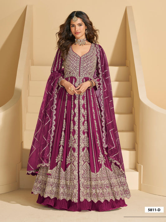 Maroon Chinon Readymade Anarkali Lehenga with Heavy Embroidery Work