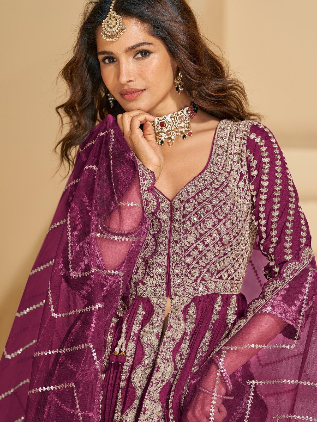 Maroon Chinon Readymade Anarkali Lehenga with Heavy Embroidery Work