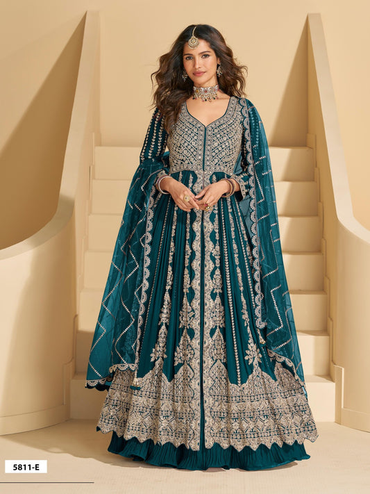 Teal Chinon Readymade Anarkali Lehenga with Heavy Embroidery Work