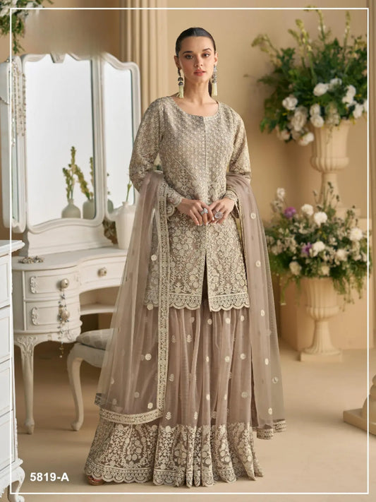 Cream Heavy Net Readymade Suit with Embroidery & Sequence Work