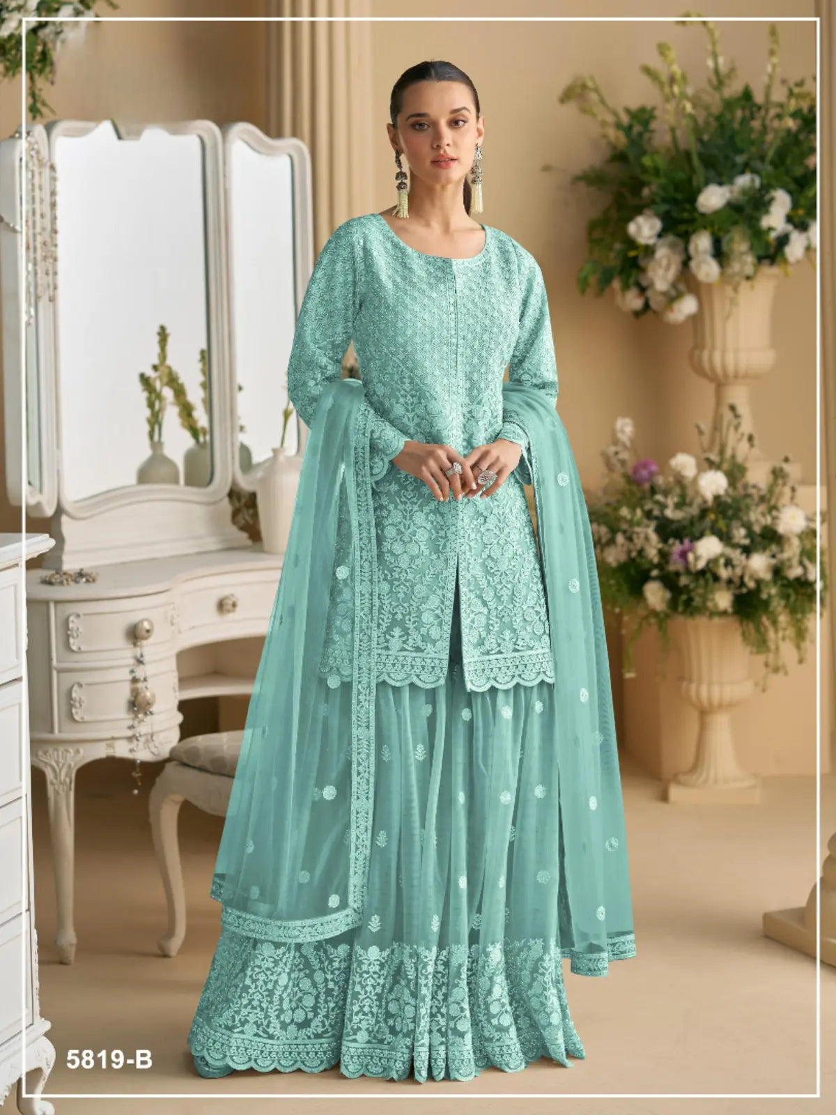 Sky Blue Heavy Net Readymade Suit with Embroidery & Sequence Work