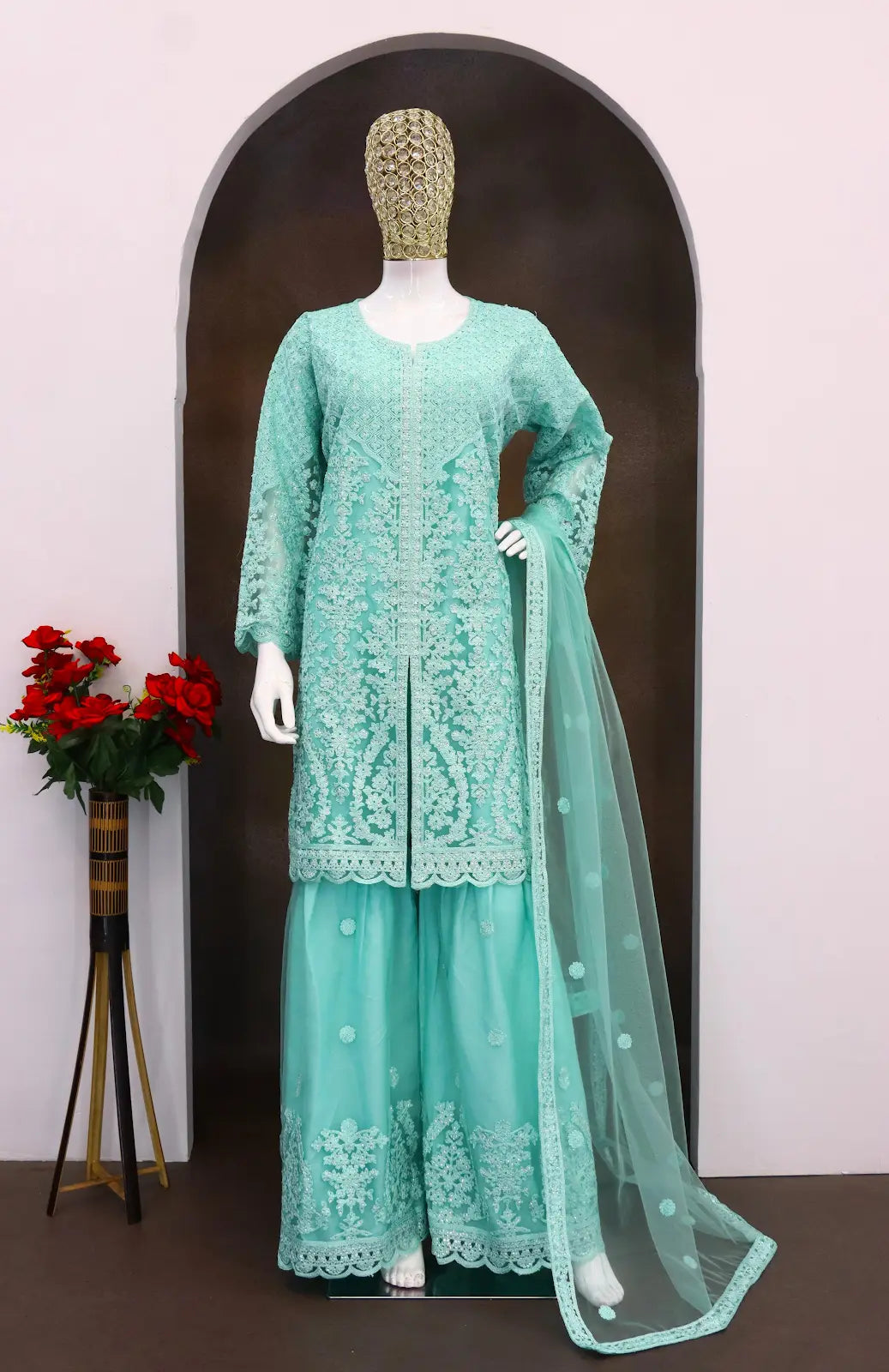Sky Blue Heavy Net Readymade Suit with Embroidery & Sequence Work