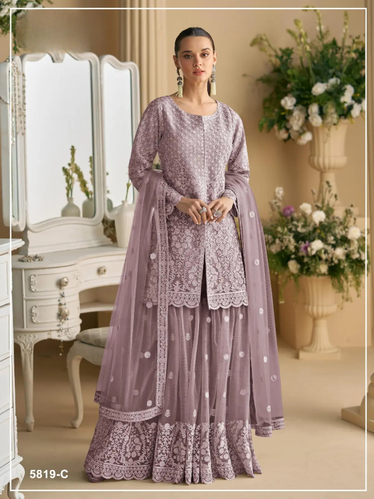 Purple Heavy Net Readymade Suit with Embroidery & Sequence Work