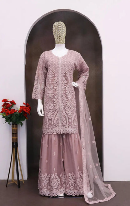Purple Heavy Net Readymade Suit with Embroidery & Sequence Work