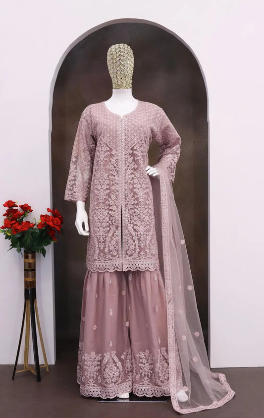 Purple Heavy Net Readymade Suit with Embroidery & Sequence Work