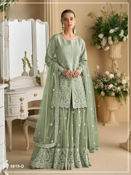 Green Heavy Net Readymade Suit with Embroidery & Sequence Work