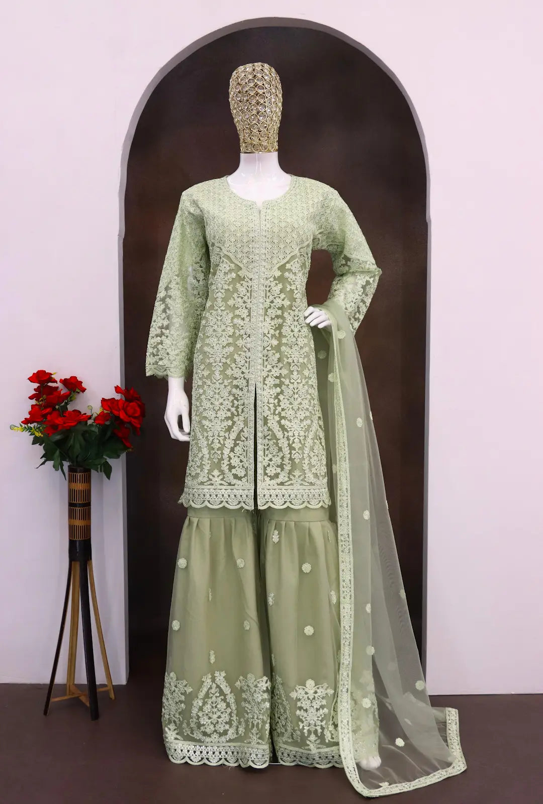 Green Heavy Net Readymade Suit with Embroidery & Sequence Work