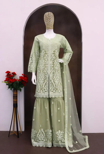 Green Heavy Net Readymade Suit with Embroidery & Sequence Work