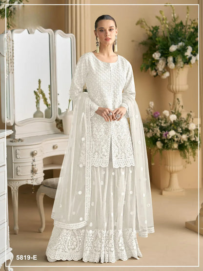 White Heavy Net Readymade Suit with Embroidery & Sequence Work