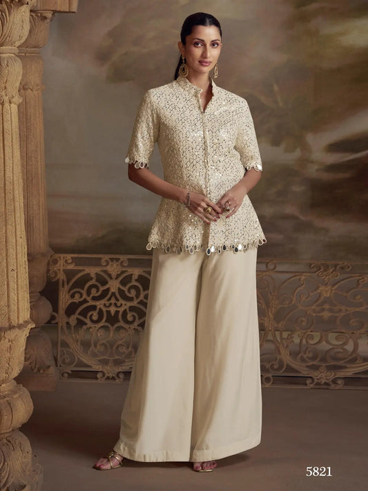 White Georgette Readymade Suit with Embroidery Work