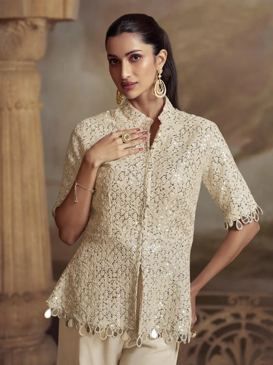 White Georgette Readymade Suit with Embroidery Work