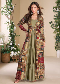 Olive heavy fox georgette free size anarkali shrug suit with silk print