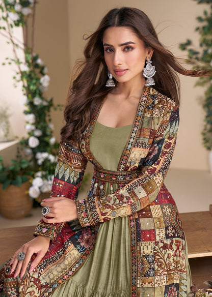 Olive heavy fox georgette free size anarkali shrug suit with silk print