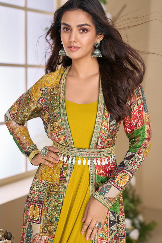 Yellow heavy fox georgette free size anarkali shrug suit with silk print