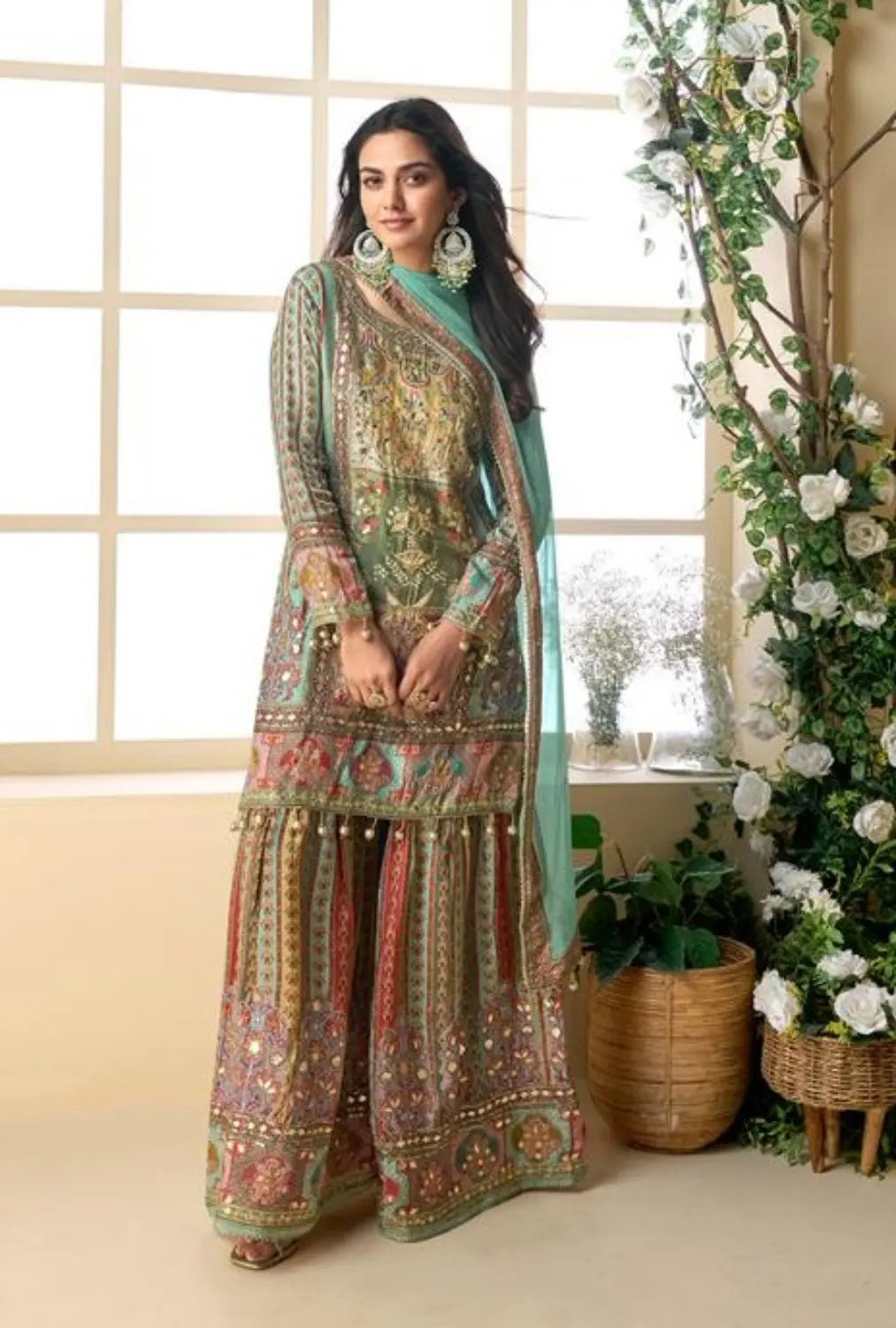 Sea Green Heavy Crepe Silk Ready Made Suit with Multi Digital Printed & Aari Work