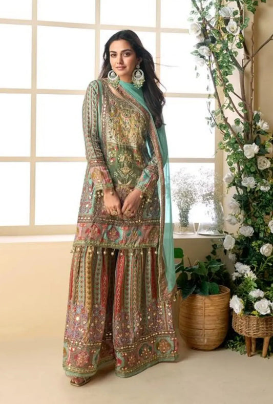 Sea Green Heavy Crepe Silk Ready Made Suit with Multi Digital Printed & Aari Work