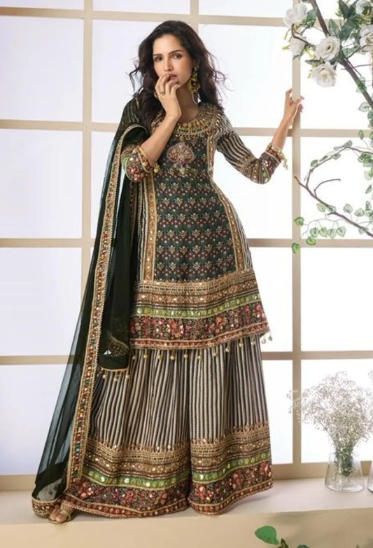 Black Heavy Crepe Silk Ready Made Suit with Multi Digital Printed & Aari Work