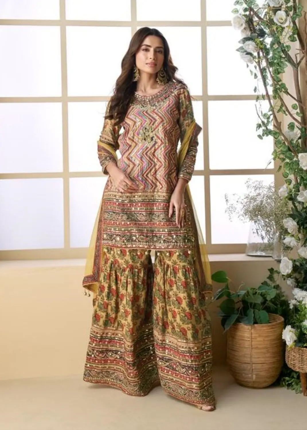 Yellow Heavy Crepe Silk Ready Made Suit with Multi Digital Printed & Aari Work