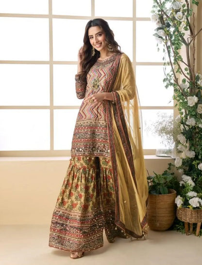 Yellow Heavy Crepe Silk Ready Made Suit with Multi Digital Printed & Aari Work