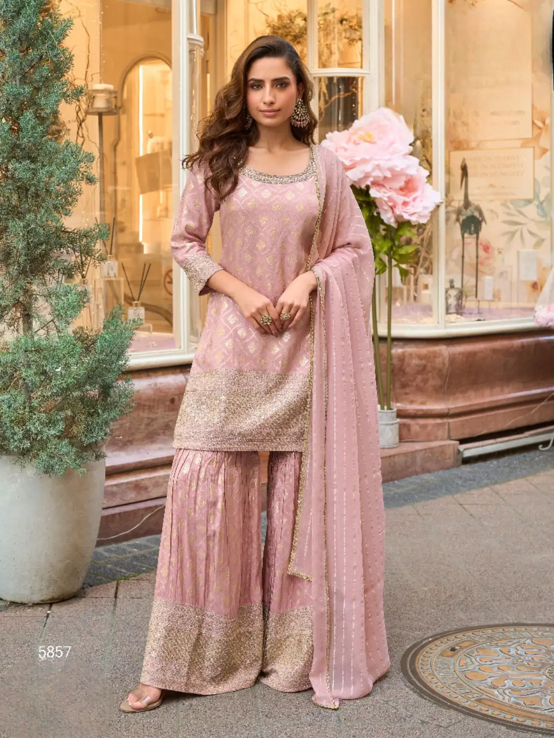 Peach Viscose Silk Readymade Plazzo Suit with Embroidery Work