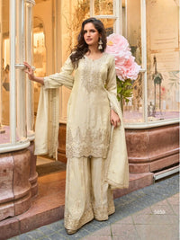 Beige Viscose Silk Readymade Plazzo Suit with Embroidery Work
