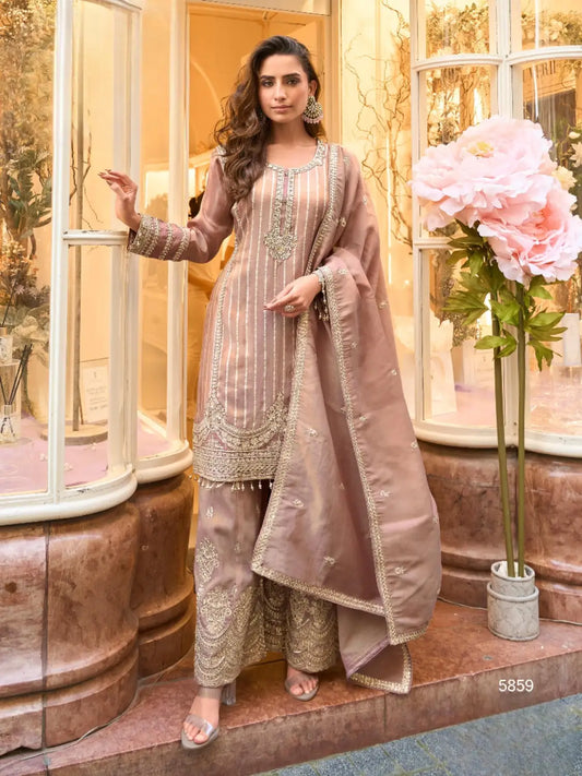 Brown Viscose Silk Readymade Plazzo Suit with Embroidery Work