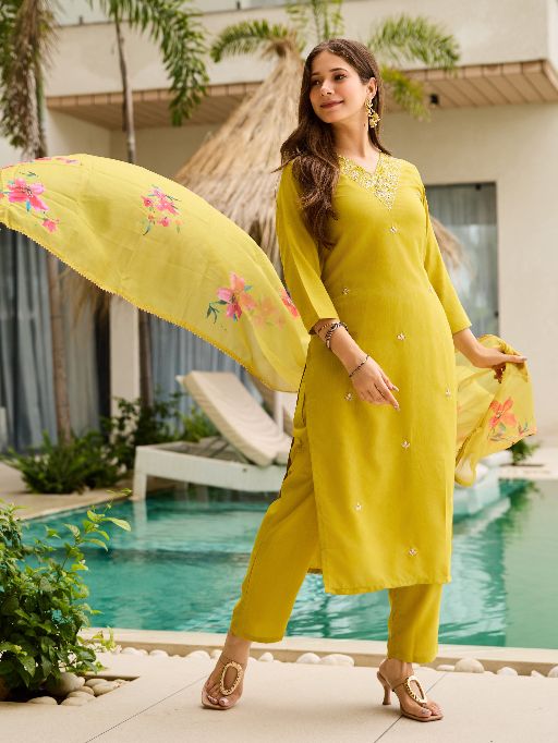Yellow Embroidered Rayon Slub Fabric Straight Kurta, Pant and Dupatta Set