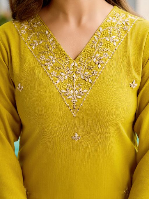 Yellow Embroidered Rayon Slub Fabric Straight Kurta, Pant and Dupatta Set